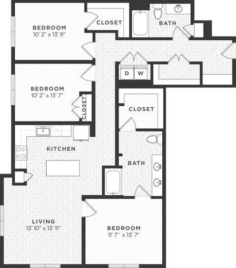 Floor plan for 3 beds, 2 baths, 1488 sqft